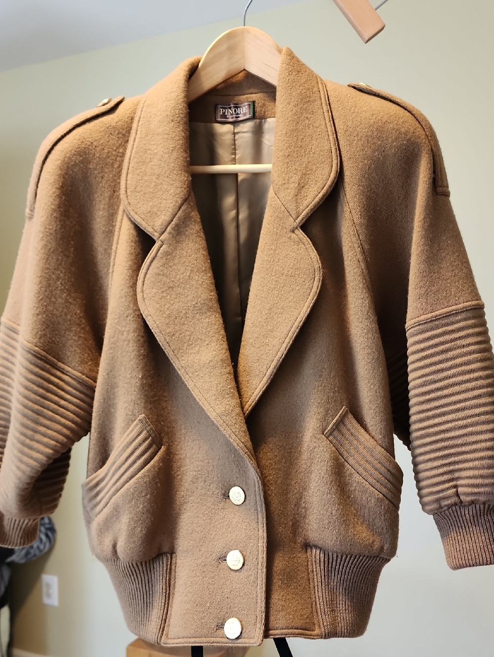 PINORE Camel 100% Wool Bomber Jacket